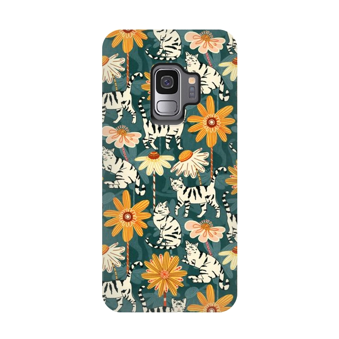 Galaxy S9 StrongFit Daisy Cats - Teal by Tigatiga