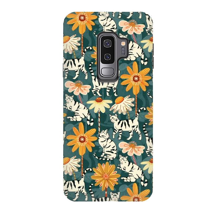 Galaxy S9 plus StrongFit Daisy Cats - Teal by Tigatiga