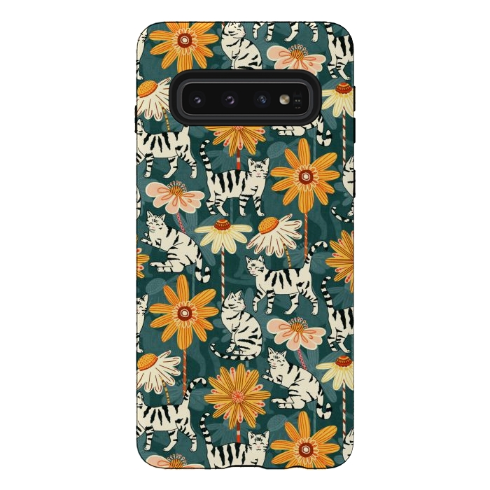 Galaxy S10 StrongFit Daisy Cats - Teal by Tigatiga