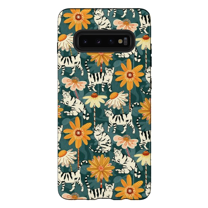 Galaxy S10 plus StrongFit Daisy Cats - Teal by Tigatiga