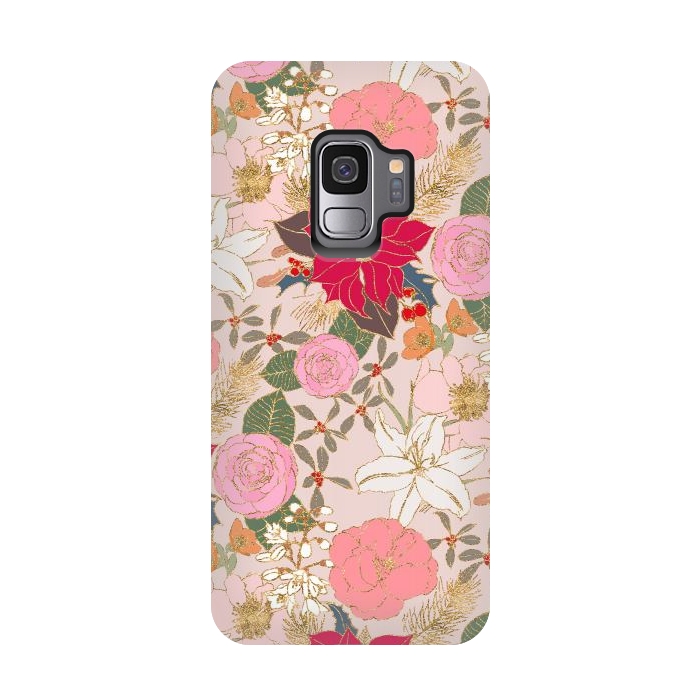 Galaxy S9 StrongFit Elegant Golden Strokes Colorful Winter Floral by InovArts
