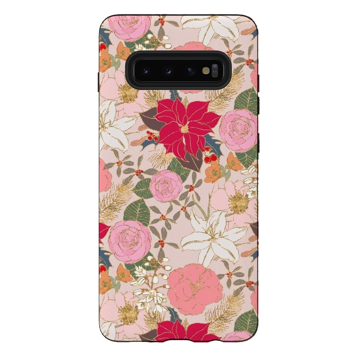 Galaxy S10 plus StrongFit Elegant Golden Strokes Colorful Winter Floral by InovArts