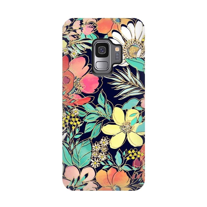 Galaxy S9 StrongFit Cute girly pink floral golden strokes design by InovArts