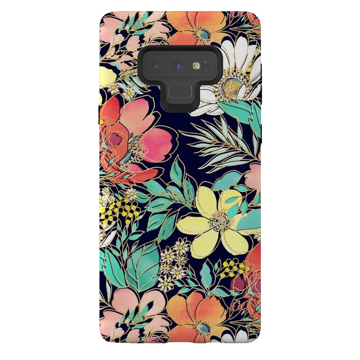 Galaxy Note 9 StrongFit Cute girly pink floral golden strokes design by InovArts