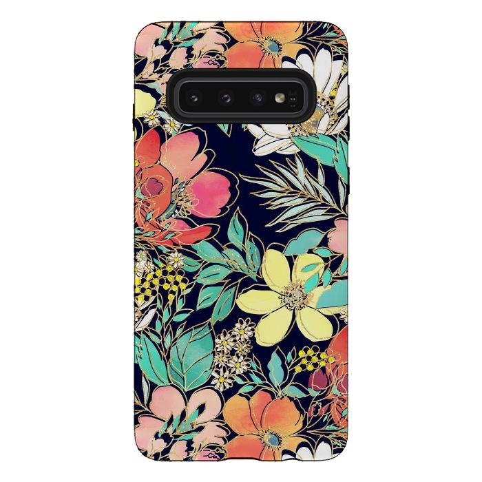 Galaxy S10 StrongFit Cute girly pink floral golden strokes design by InovArts
