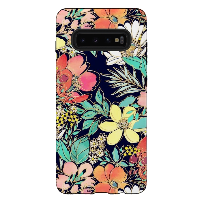 Galaxy S10 plus StrongFit Cute girly pink floral golden strokes design by InovArts