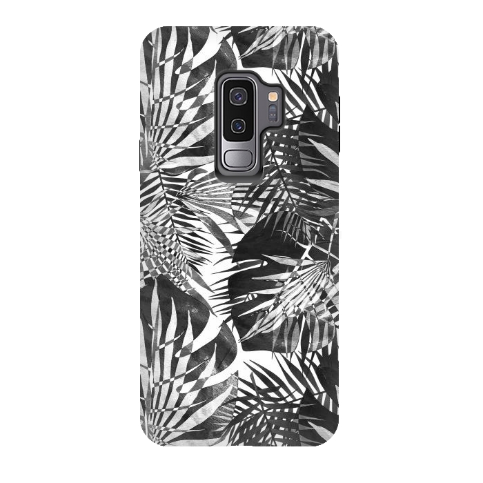 Galaxy S9 plus StrongFit Black and white tropical leaves illusion by Oana 