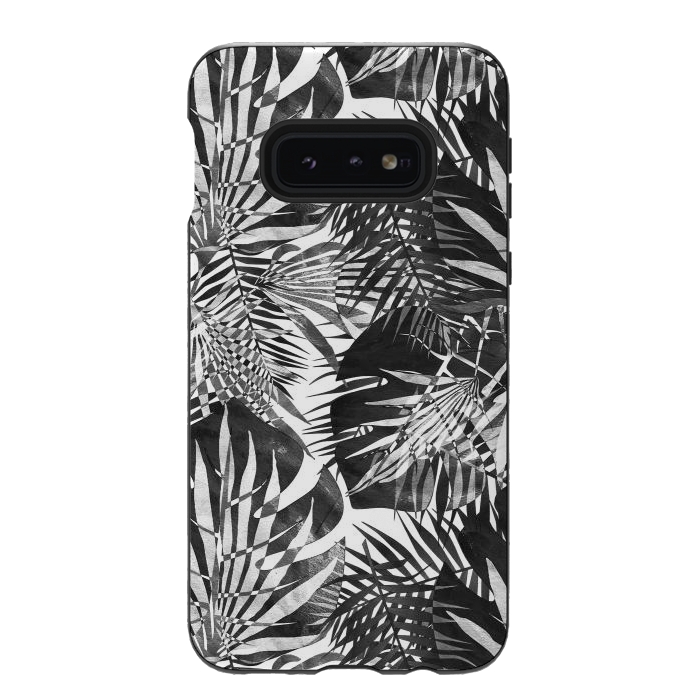 Galaxy S10e StrongFit Black and white tropical leaves illusion by Oana 