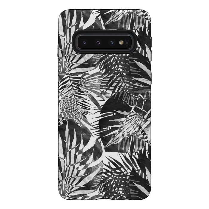 Galaxy S10 StrongFit Black and white tropical leaves illusion by Oana 
