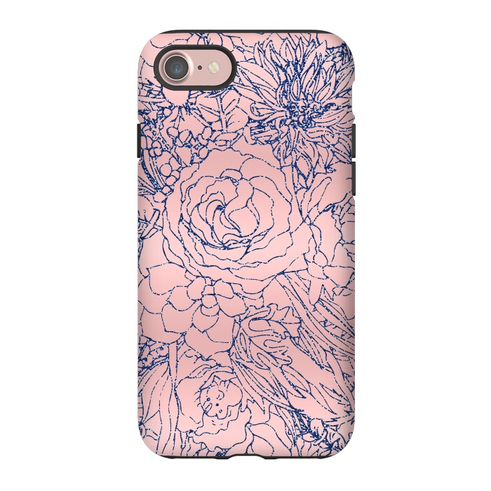 iPhone 7 StrongFit Stylish Metallic Navy Blue and Pink Floral Design by InovArts