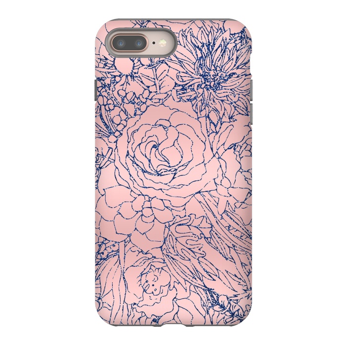 iPhone 7 plus StrongFit Stylish Metallic Navy Blue and Pink Floral Design by InovArts