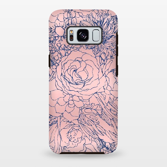 Galaxy S8 plus StrongFit Stylish Metallic Navy Blue and Pink Floral Design by InovArts