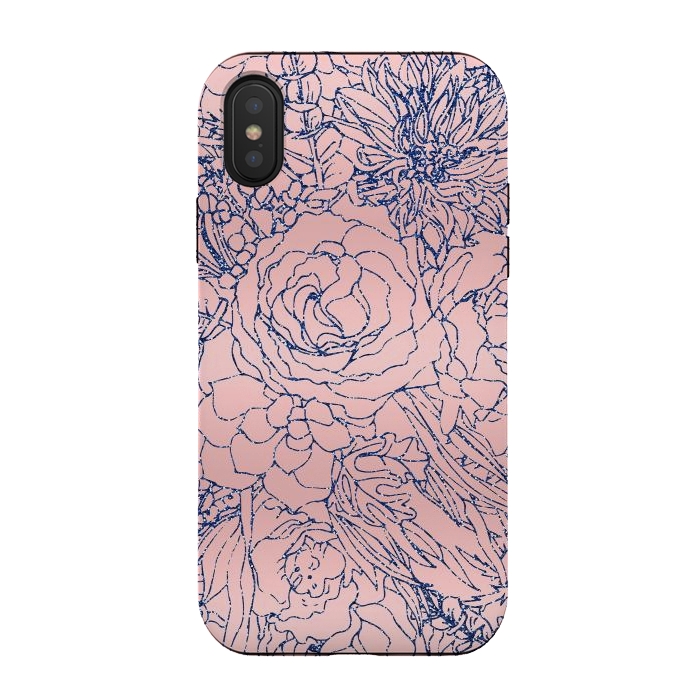 iPhone Xs / X StrongFit Stylish Metallic Navy Blue and Pink Floral Design by InovArts