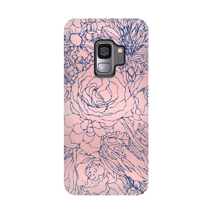 Galaxy S9 StrongFit Stylish Metallic Navy Blue and Pink Floral Design by InovArts