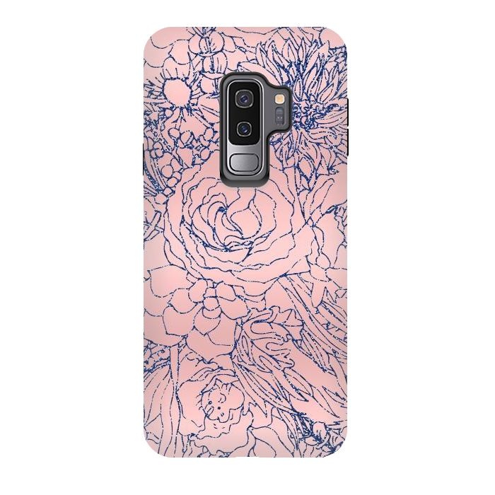 Galaxy S9 plus StrongFit Stylish Metallic Navy Blue and Pink Floral Design by InovArts