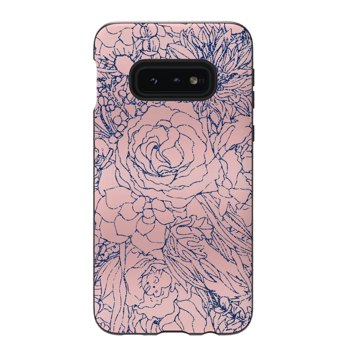 Galaxy S10e StrongFit Stylish Metallic Navy Blue and Pink Floral Design by InovArts