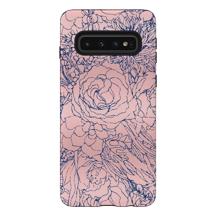 Galaxy S10 StrongFit Stylish Metallic Navy Blue and Pink Floral Design by InovArts