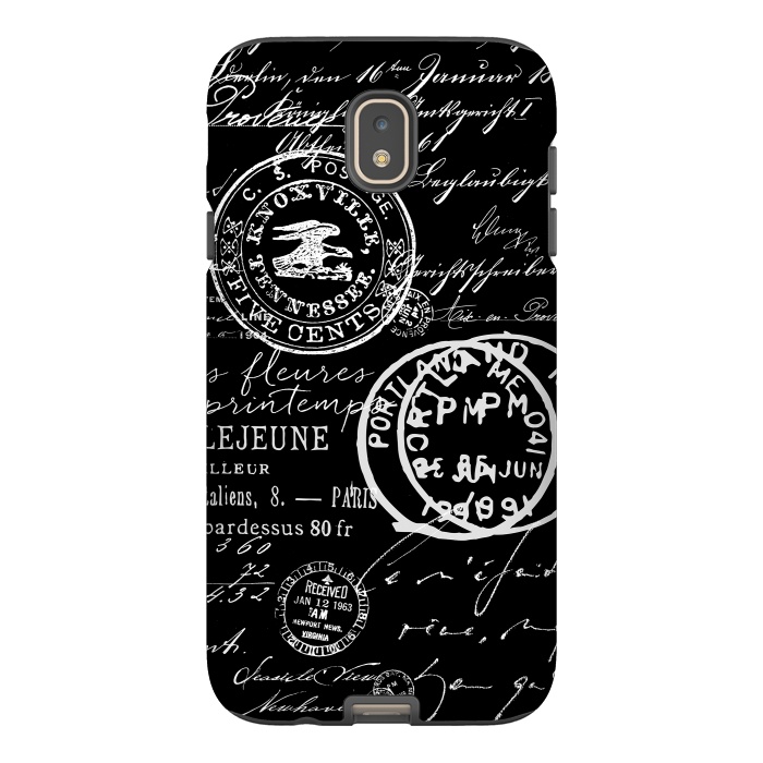 Galaxy J7 StrongFit Vintage Handwriting White On Black by Andrea Haase