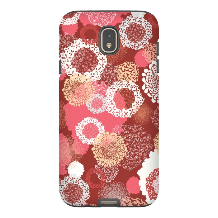 Galaxy J7 StrongFit Doily Flowers on Red by Paula Ohreen