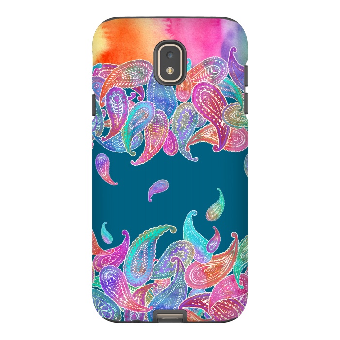Galaxy J7 StrongFit Rainbow Paisley Rain on Blue by Micklyn Le Feuvre