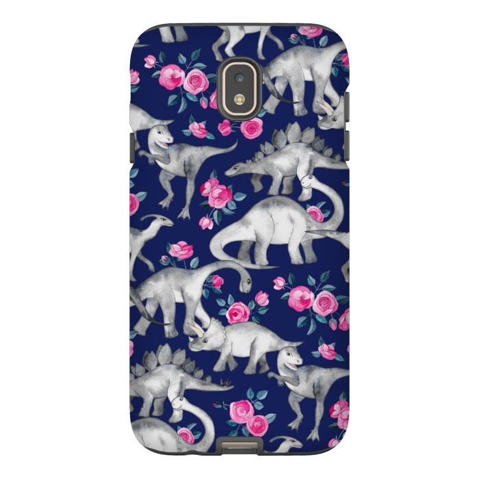 Galaxy J7 StrongFit Dinosaurs and Roses on Dark Blue Purple by Micklyn Le Feuvre