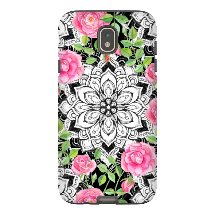 Galaxy J7 StrongFit Peach Pink Roses and Mandalas on Black and White Lace by Micklyn Le Feuvre