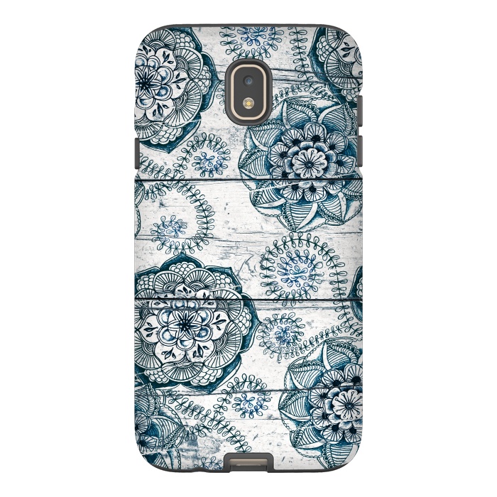 Galaxy J7 StrongFit Navy Blue Floral Doodles on Wood by Micklyn Le Feuvre
