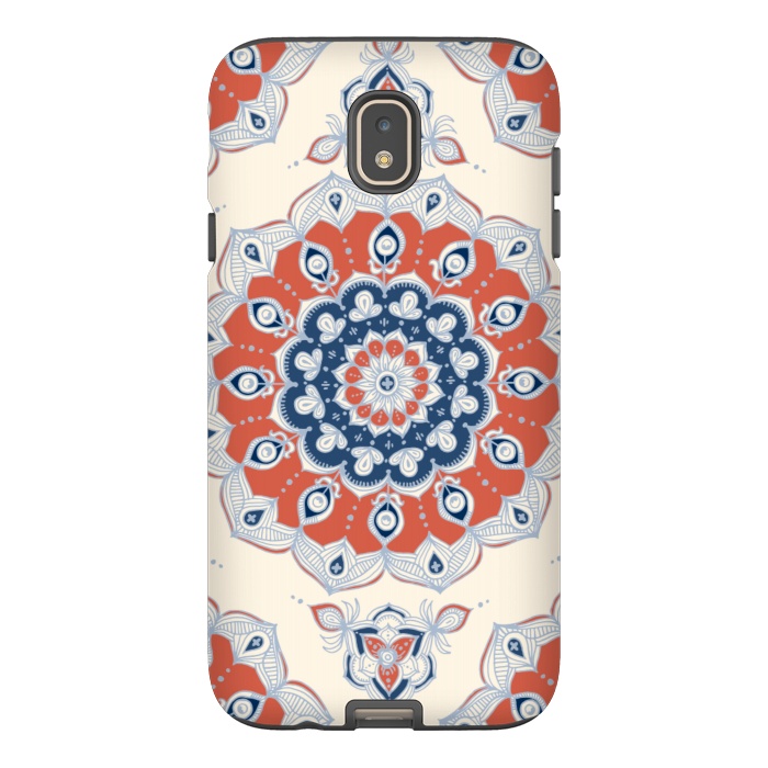 Galaxy J7 StrongFit Red, Blue and Cream Floral Mandala by Micklyn Le Feuvre