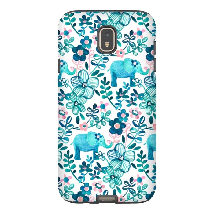 Galaxy J7 StrongFit Little Teal Elephant Watercolor Floral on White by Micklyn Le Feuvre