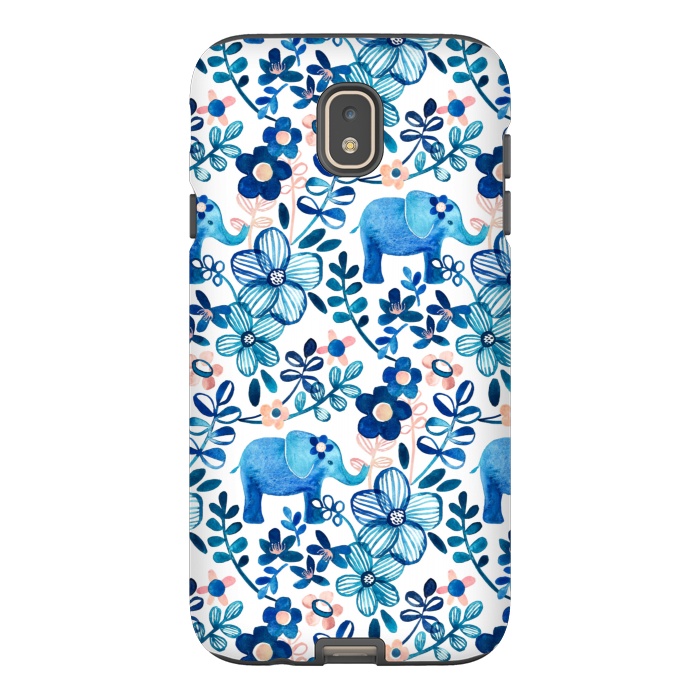Galaxy J7 StrongFit Little Blue Elephant Watercolor Floral on White by Micklyn Le Feuvre