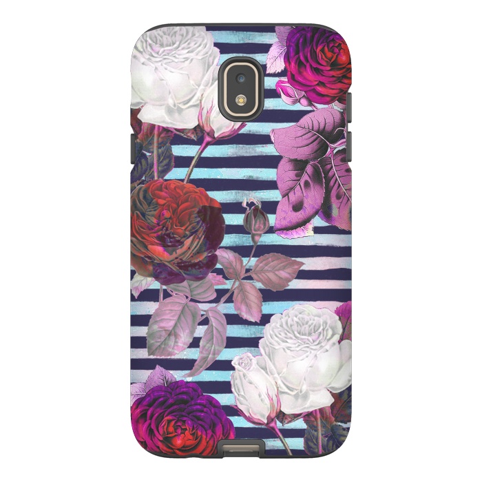 Galaxy J7 StrongFit Roses on blue watercolor stripes botanical illustration by Oana 