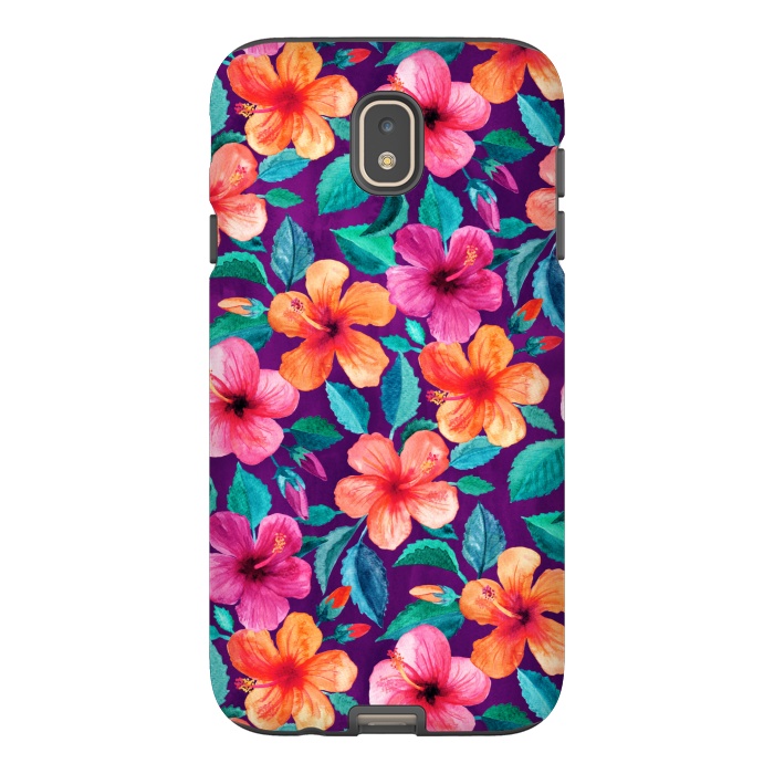 Galaxy J7 StrongFit Little Bright Hibiscus Blooms in Watercolor on Purple by Micklyn Le Feuvre