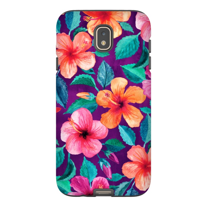 Galaxy J7 StrongFit Bright Hibiscus Blooms in Watercolor on Purple by Micklyn Le Feuvre