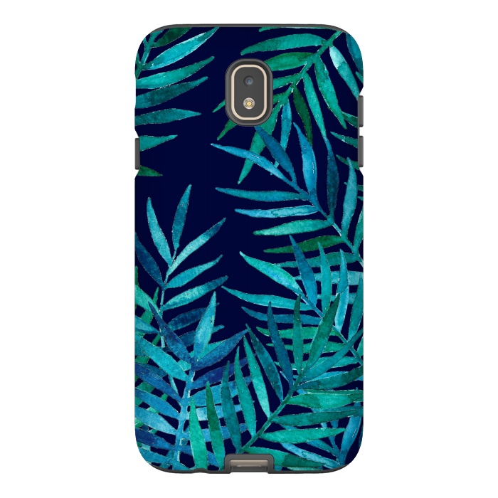 Galaxy J7 StrongFit Watercolor Palm Leaves on Navy Blue by Micklyn Le Feuvre