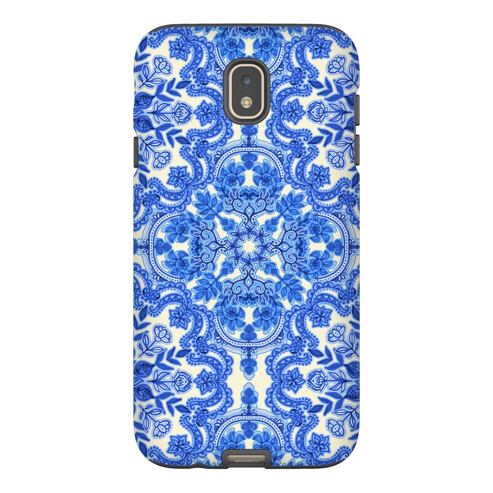 Galaxy J7 StrongFit Cobalt Blue and China White Folk Art Pattern by Micklyn Le Feuvre