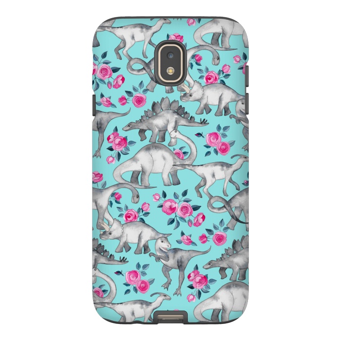 Galaxy J7 StrongFit Dinosaurs and Roses on Turquoise by Micklyn Le Feuvre