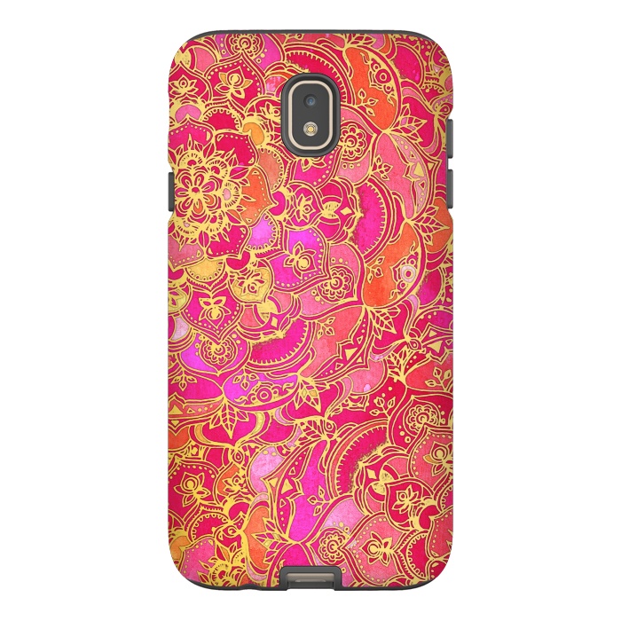 Galaxy J7 StrongFit Hot Pink and Gold Baroque Floral Pattern by Micklyn Le Feuvre