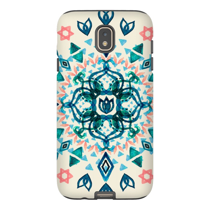 Galaxy J7 StrongFit Watercolor Lotus Mandala in Teal & Salmon Pink by Micklyn Le Feuvre
