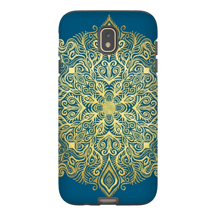 Galaxy J7 StrongFit Ornate Gold Mandala on Deep Blue by Micklyn Le Feuvre