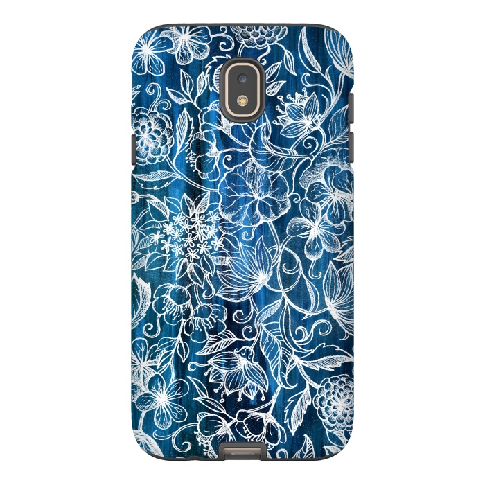 Galaxy J7 StrongFit In Her Garden - white floral drawing on blue by Micklyn Le Feuvre
