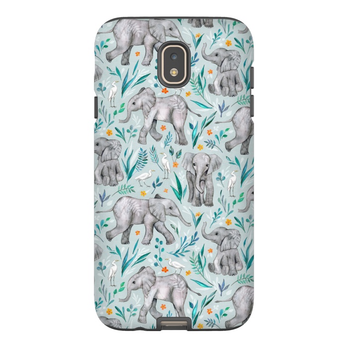 Galaxy J7 StrongFit Little Watercolor Elephants and Egrets on Light Blue by Micklyn Le Feuvre