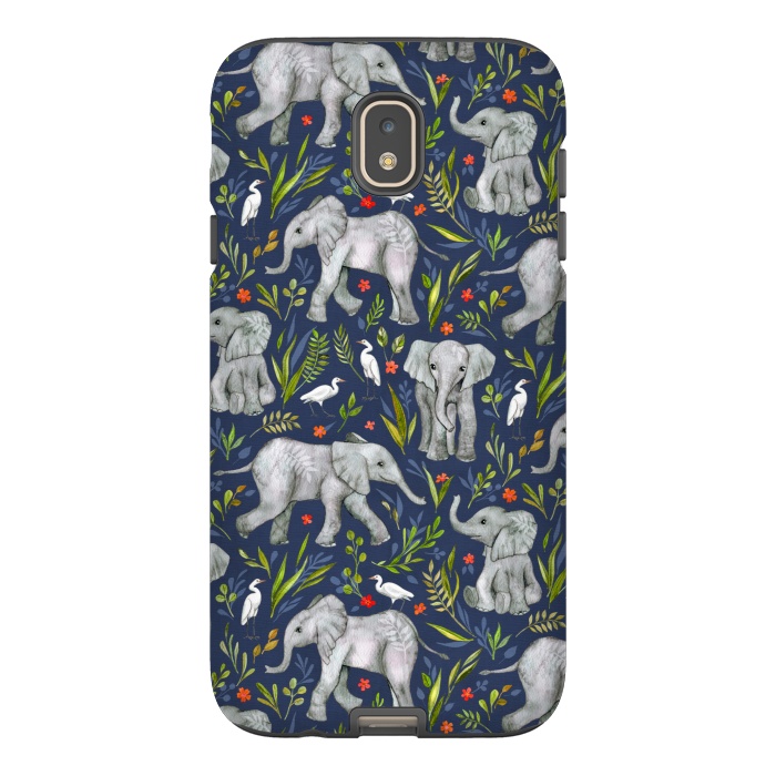 Galaxy J7 StrongFit Little Watercolor Elephants and Egrets on Navy Blue by Micklyn Le Feuvre