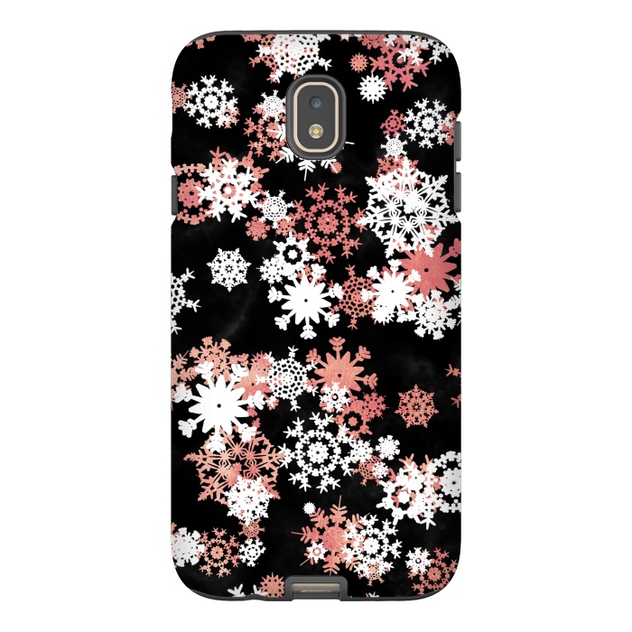 Galaxy J7 StrongFit Rose gold and white snowflakes on black background by Oana 