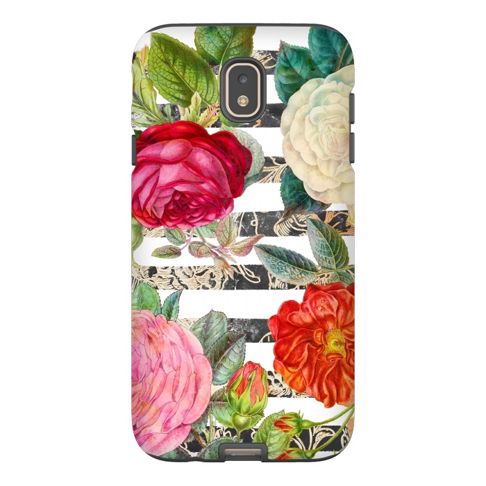 Galaxy J7 StrongFit Colorful roses botanical illustration on white stripes by Oana 