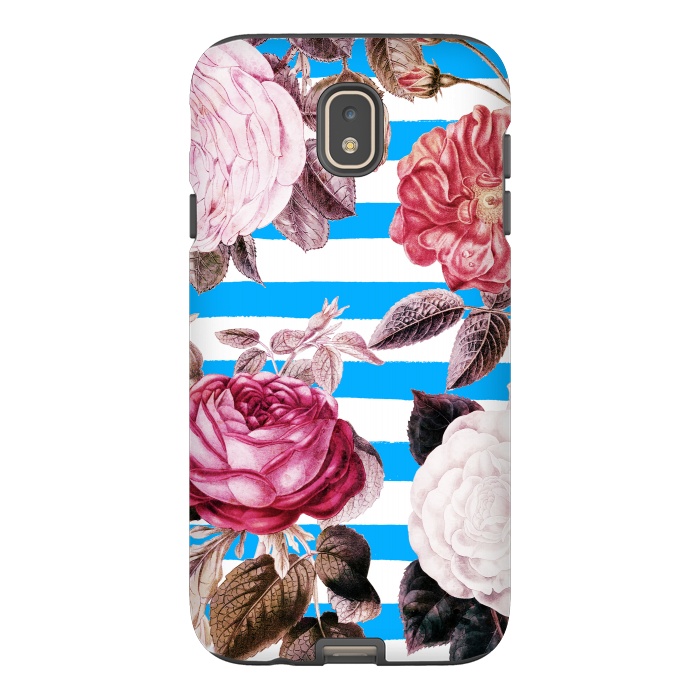 Galaxy J7 StrongFit Vintage roses illustration on blue and white stripes by Oana 