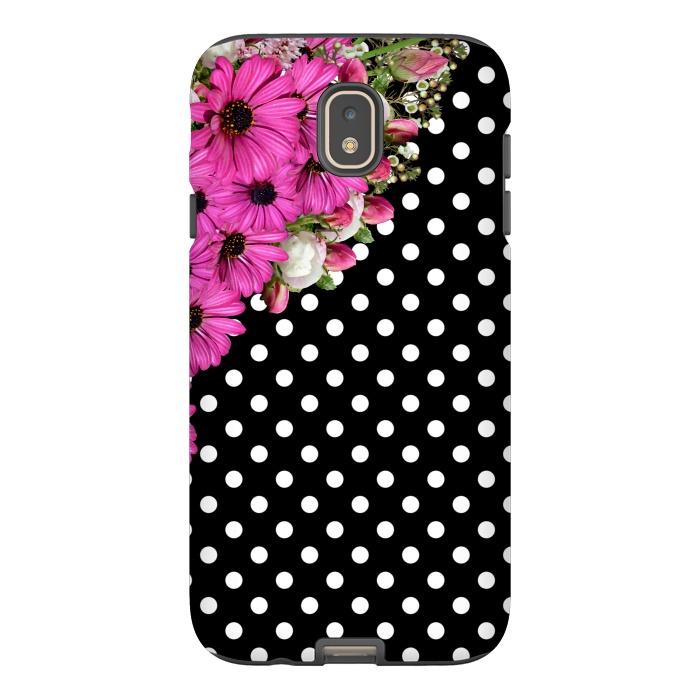 Galaxy J7 StrongFit Black and White Polka Dots and Pink Flowers by Alemi