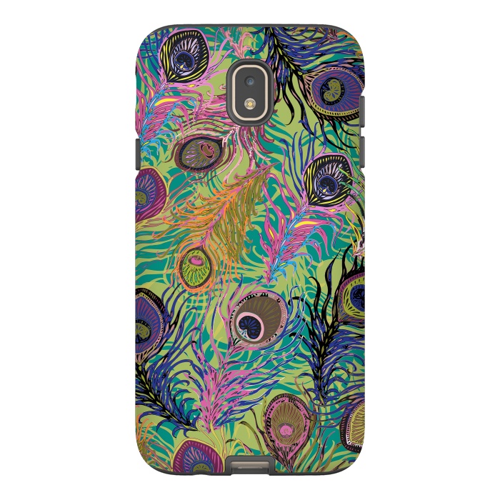 Galaxy J7 StrongFit Peacock Feathers in Lime Green & Pink by Lotti Brown