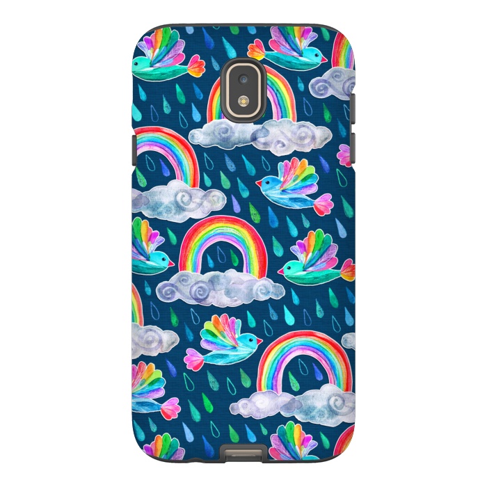 Galaxy J7 StrongFit Watercolor Rainbow Birds on Navy by Micklyn Le Feuvre