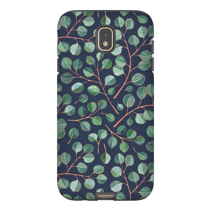 Galaxy J7 StrongFit Simple Silver Dollar Eucalyptus Leaves on Navy Blue  by Micklyn Le Feuvre