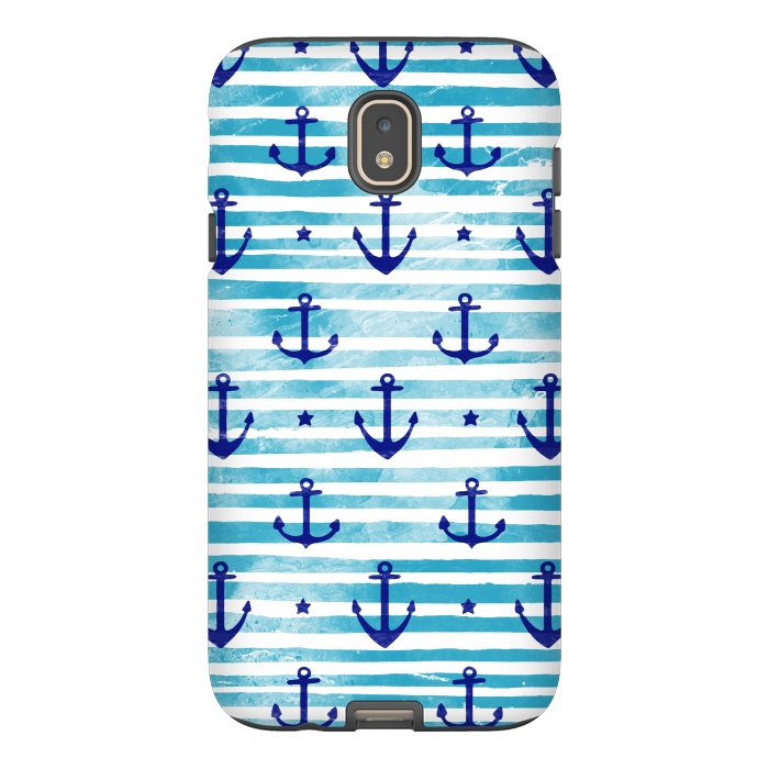 Galaxy J7 StrongFit Blue watercolor anchors and stripes nautical pattern by Oana 